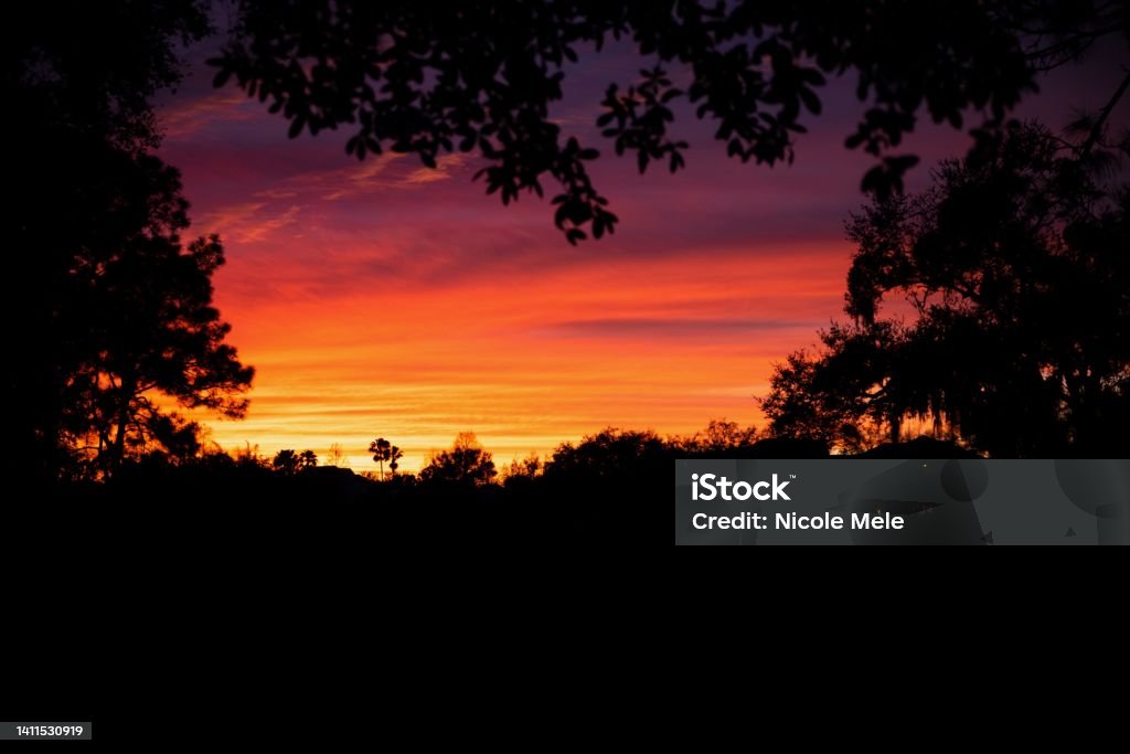 A Disney Sunset Fire in the sky in Disney World Travel Stock Photo
