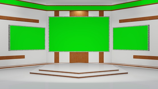 Set Studio - Universal White and Wood Virtual Set Studio Block Pattern - Triple Monitors  - Wide View Futuristic Studio - 3D rendering