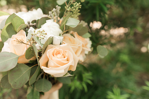 Soft Pastel Wedding Bouquet with Peach-Colored Roses, White Peonies, & Sage-Green Eucalyptus in Palm Beach, Florida
