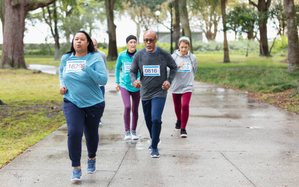 Multiracial mature and senior adults running in race