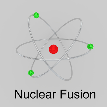 3D illustration of an atom with Nuclear Fusion title, isolated over gray bakground.