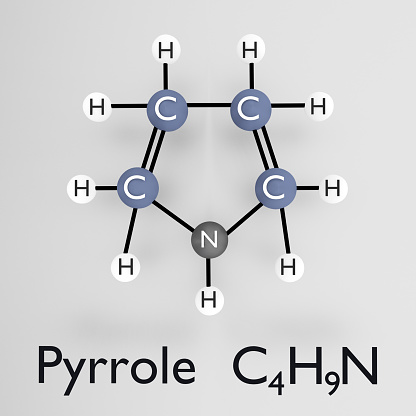 3D illustration of pyrrole molecule composed of carbon, hydrogen, nitrogen and oxygen atoms, isolated over gray background.