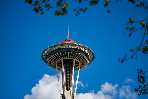 Seattle, Washington, U.S.A-  May 8, 2022: Seattle Center is a popular tourist destination where people enjoy many cultural amenities and viewing the Space Needle.