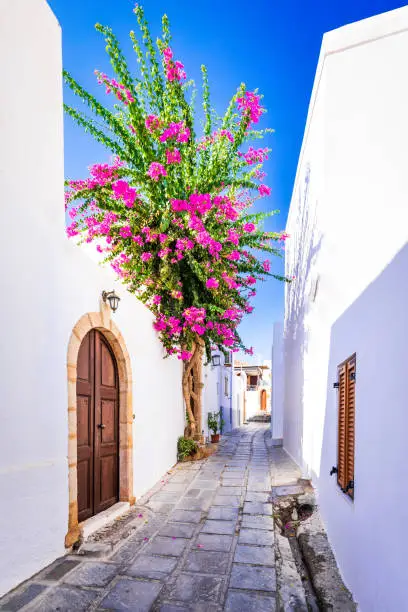 Rhodes, Greece. Idyllic narrow cobblestone paved street in downtown of Lindos, beautiful Greek travel background.