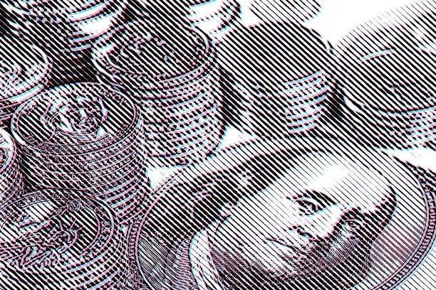 Vector illustration of American gold coins and one hundred dollar bills with Glitch Technique