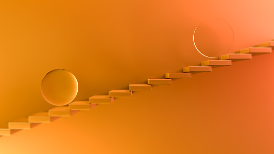 The Orange abstract background with steps. Glass ball and disk on stairs with orange lighting. Orange style banner with blur. 3D render.