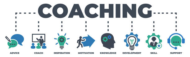 coaching concept dengan ikon dan tanda di atas putih - tutor pekerjaan pendidikan ilustrasi stok