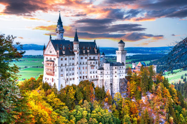 Neuschwanstein, Bavaria - Famous bavarian fairytale castle autumn landscape in Alps, Germany stock photo