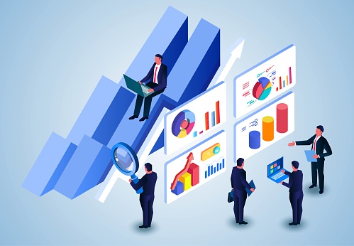 Business or financial data analysis and data statistics, marketing strategy plan, isometric business group team working together and analyzing statistics