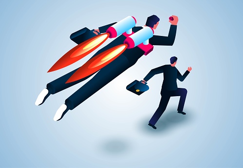 Comparison of work efficiency and speed, different realities or ways to reach success, isometric businessman flying fast with rocket booster on his back and overtaking his companion.