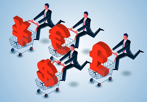 International financial economy business circulation currency, overseas business financial investment, money financial fund financial management, isometric running businessman pushing a shopping cart with currency symbols