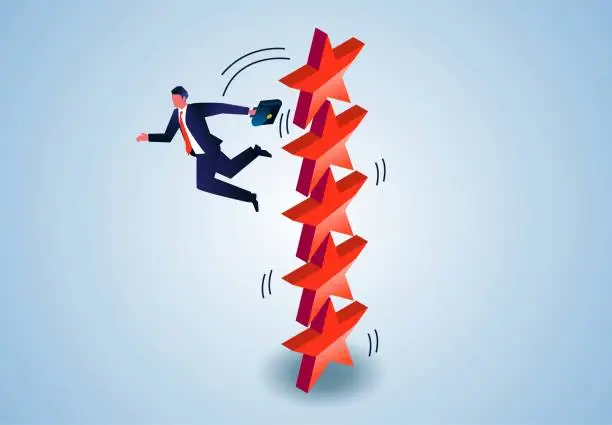 Vector illustration of Businessman falling from stack of wobbly five stars, crisis of confidence, loss of trust, declining support in service industry or government