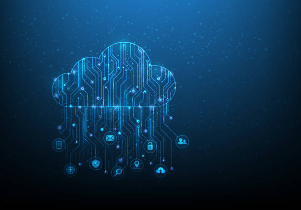 ilustraciones, imágenes clip art, dibujos animados e iconos de stock de tecnología de computación en la nube digital de internet. conceptos en línea de big data center de baja polivalencia. servicio moderno de tecnología empresarial. diseño de ilustración vectorial. fondo azul de la infraestructura de almacenamiento en l - computación en nube