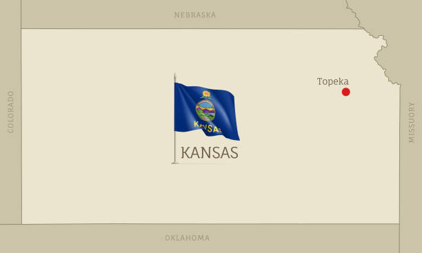 карта федерального штата канзас сша с развевающимся флагом - kansas topeka state capital stock illustrations