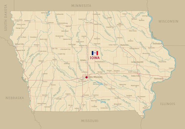 ilustraciones, imágenes clip art, dibujos animados e iconos de stock de hoja de ruta de iowa, estado federal estadounidense - iowa map