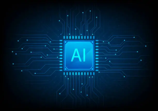 Vector illustration of ai cpu digital technology on blue background. artificial intelligence computer. vector illustration abstract futuristic hitech style. computing processor board chip wallpaper.