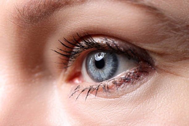 Beautiful blue female eye looking somewhere into distance stock photo