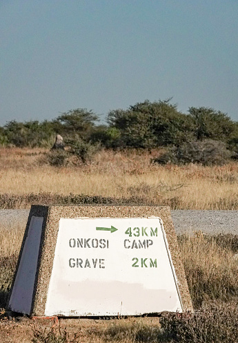 Road Sign to Onkosi Camp & Grave in Etosha National Park at Kunene Region, Namibia