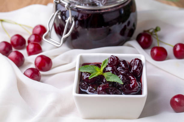 istock Jars with freshly homemade cherry jam, sour cherry jam, Turkish name; Visne receli 1411559903