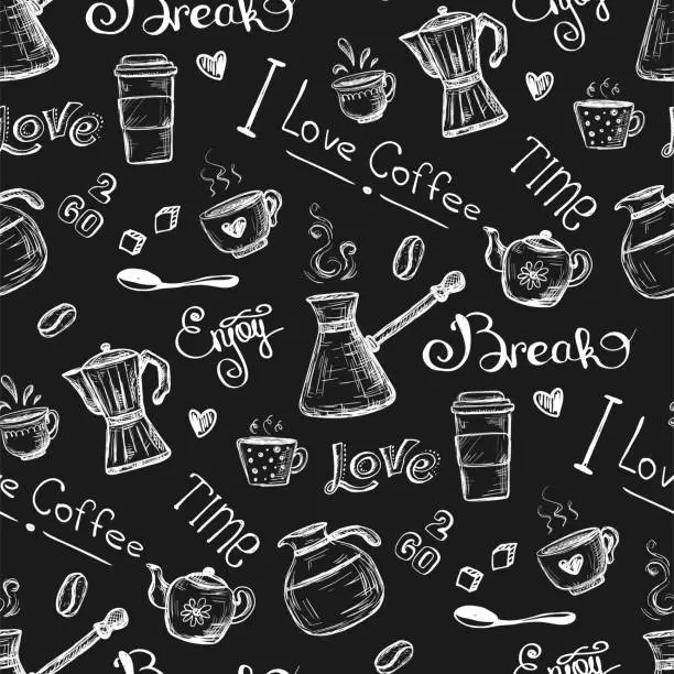 Vector illustration of Huge Set of different hand drawn coffee elements -lettering,text, cups, mugs and beans
