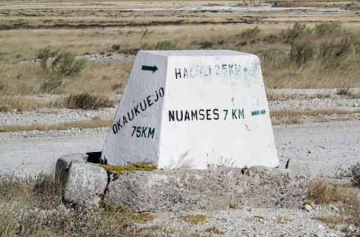 Road Sign to Nuamses Waterhole in Etosha National Park at Kunene Region, Namibia