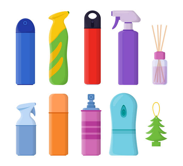 Different kinds of air fresheners vector illustrations set Different kinds of air fresheners vector illustrations set. Liquid with fresh smell in bottles, diffusers or sprays of different shapes isolated on white background. Cleaning, household concept home fragrance stock illustrations