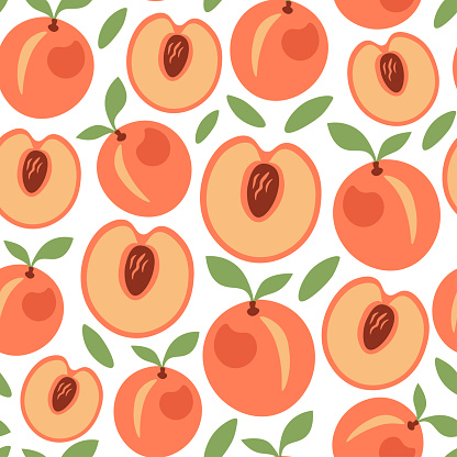 Fruit juicy cute summer vector seamless illustration with peach half and leaf