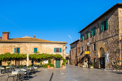 Piazza Roma is the main square in Monteriggioni, a medieval walled town in the province of Siena