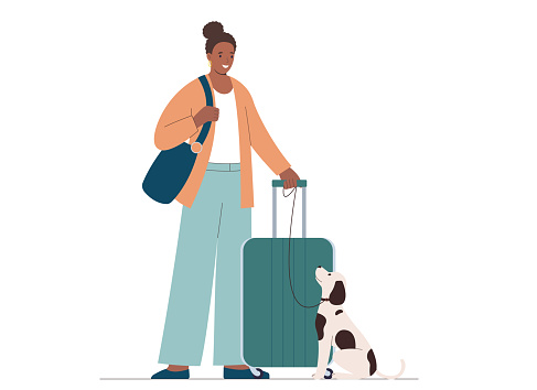 Young african american woman with suitcase, dog next to her. Concept of traveling with pets. Flat vector illustration