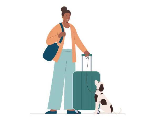 Vector illustration of Young african american woman with suitcase, dog next to her. Concept of traveling with pets.