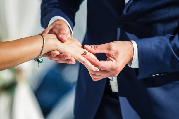 istock Bride and groom exchange rings at the wedding ceremony 1411566920