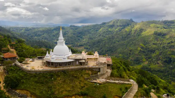 A Buddhist temple in a mountain province on top of a mountain. Mahamevnawa Buddhist Monastery. Bandarawela, Sri Lanka.