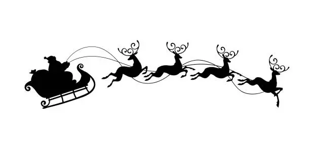 Vector illustration of Santa Claus with a bag of gifts rides in a sleigh with reindeer, black vector silhouette isolated on white background. Christmas flat illustration for design, window sticker.