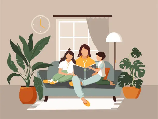 Vector illustration of Woman, mother reads a book to children.