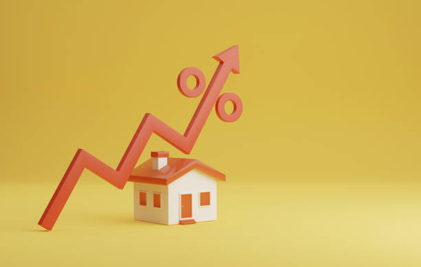 istock House icon and red arrow pointing up on yellow background. 1411567323