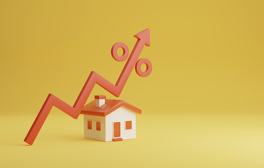 House icon and red arrow pointing up on yellow background Increasing home loan interest rates, investments, growth and real estate mortgages. 3D render illustration.