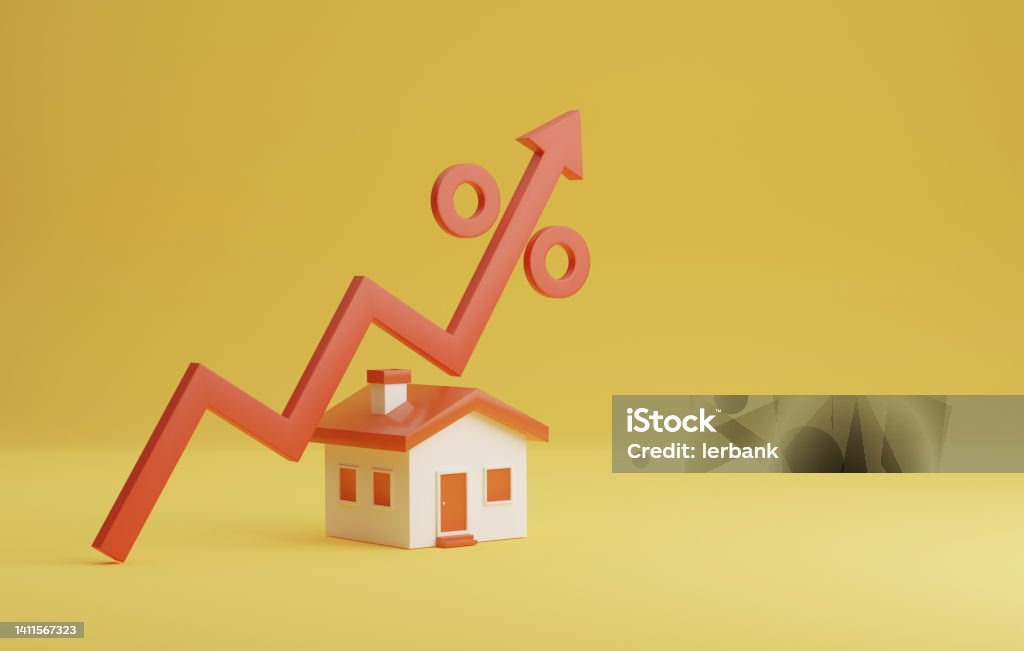 House icon and red arrow pointing up on yellow background. House icon and red arrow pointing up on yellow background Increasing home loan interest rates, investments, growth and real estate mortgages. 3D render illustration. Interest Rate Stock Photo