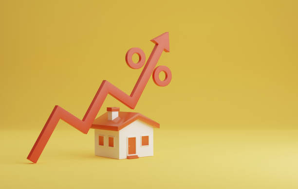 House icon and red arrow pointing up on yellow background. House icon and red arrow pointing up on yellow background Increasing home loan interest rates, investments, growth and real estate mortgages. 3D render illustration. rising interest rate stock pictures, royalty-free photos & images