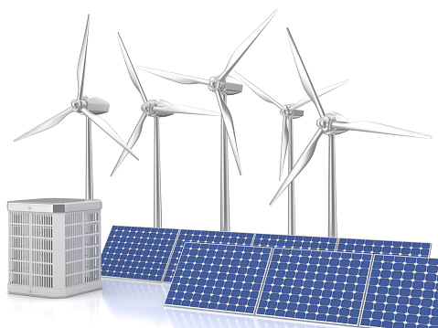 3d render. Wind turbine, solar panel and air heat pump isolated on white background.