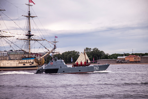 St Petersburg, Russia - July, 2020: Day of Navy of Russia, naval parade. Military destroyers on Neva river. Holidays of Russia
