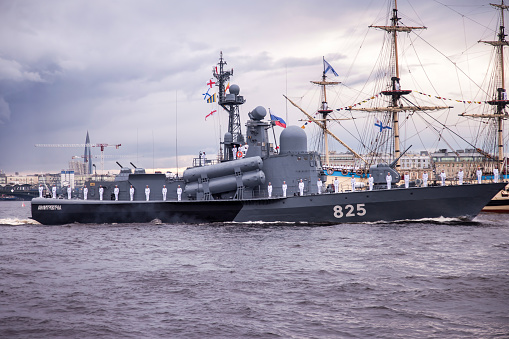St Petersburg, Russia - July, 2020: Day of Navy of Russia, naval parade. Military destroyers on Neva river. Holidays of Russia
