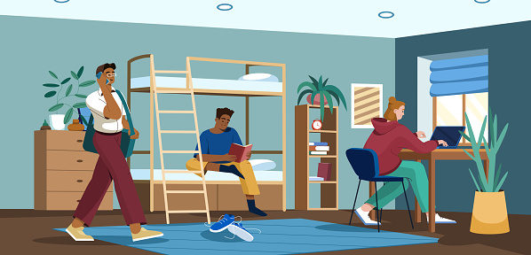 Flat students in dormitory room. Teens living together in university dorm bedroom or hostel apartment with bunk bed, table with laptop, chair and bookshelf. Multicultural teenagers preparing for exams