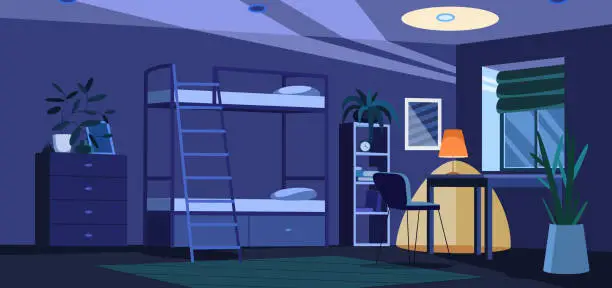 Vector illustration of Student bedroom in dormitory at night with bunk bed, desk and chair