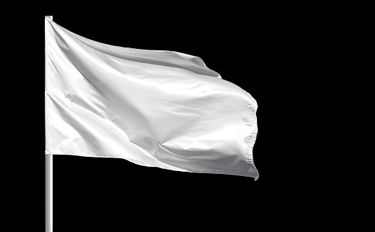 Fluttering blank white flag on flagpole isolated on black background