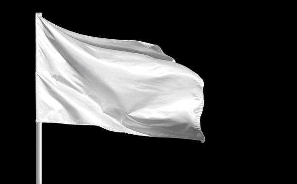 Fluttering blank white flag on flagpole isolated on black background stock photo