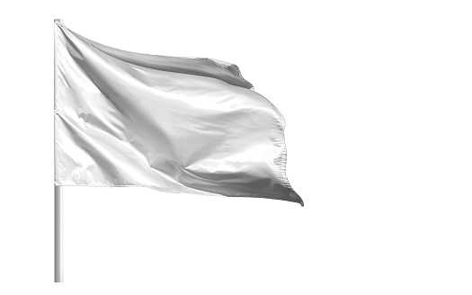 Fluttering blank white flag on flagpole isolated on white background