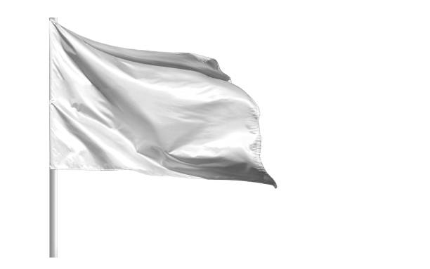 Fluttering blank white flag on flagpole isolated on white background stock photo