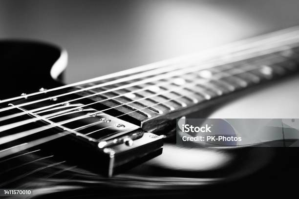 Close Up Shot Of An Electric Guitar Macro Black And White Stock Photo - Download Image Now