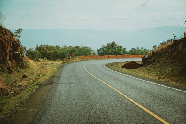 アフリカを旅し、赤い土が並ぶ荒れ道のそばの草。 - valley tree remote landscape ストックフォトと画像