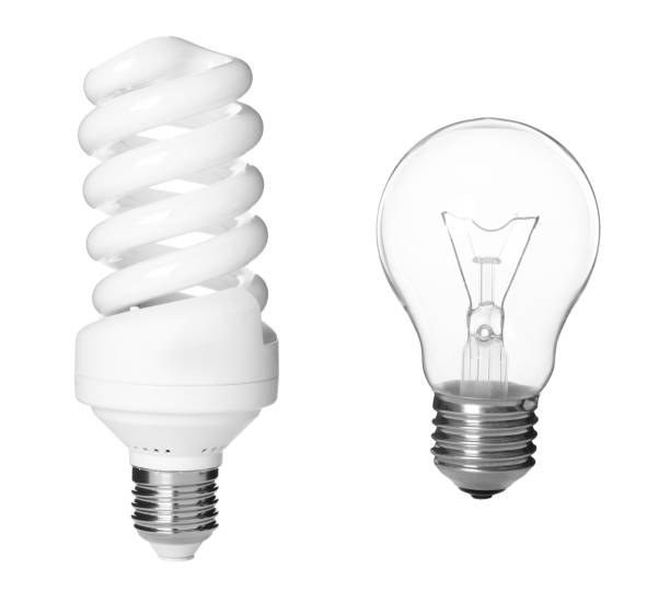 istock Comparison of two different light bulbs on white background, collage 1411571557